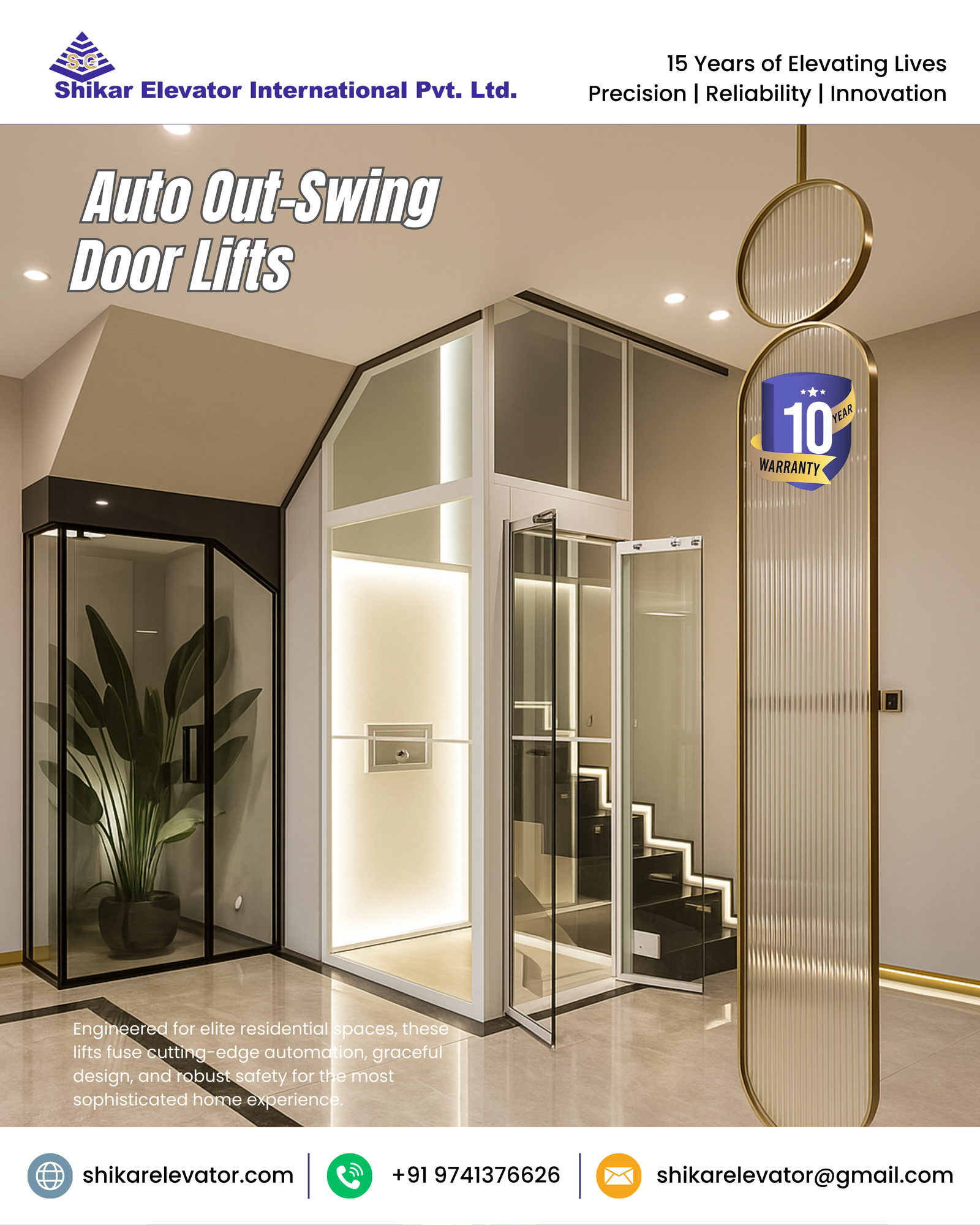 Unlock Luxury Living: Auto Out-Swing Door Lifts for Villas by Shikar Elevators Transform your villa into a sanctuary of seamless style and smart access with the exclusive Auto Out-Swing Door Lifts by Shikar Elevators. Engineered for elite residential spaces, these lifts fuse cutting-edge automation, graceful design, and robust safety for the most sophisticated home experience.