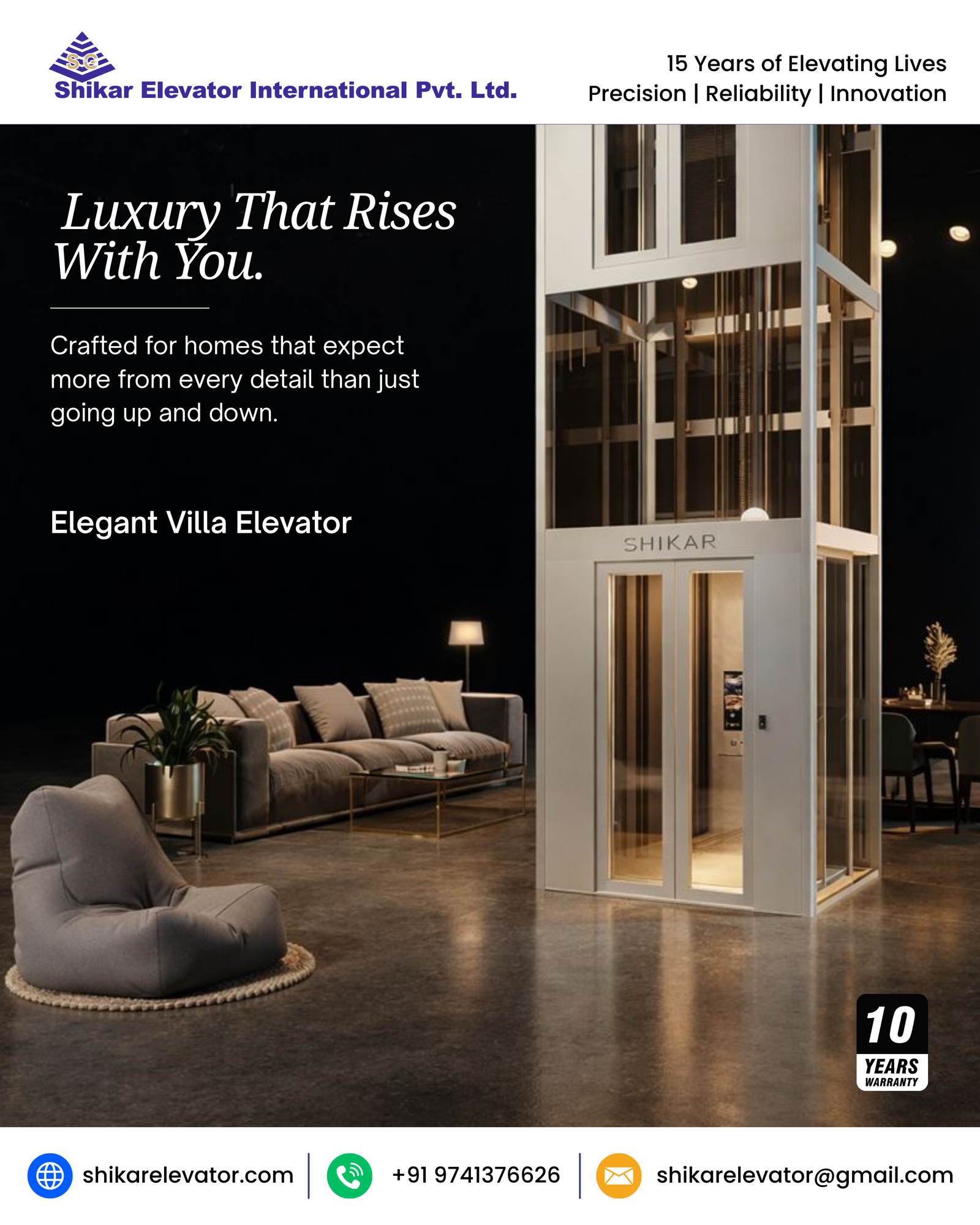 Villa Elevator, crafted for homes that expect more from every detail than just going up and down. Framed in warm metallic tones and glass, it stands like a designer statement in the middle of your living space, elevating both convenience and style. The softly lit cabin, plush finishes, and smooth, whisper-quiet travel create a private lift experience that feels as refined as your home décor.