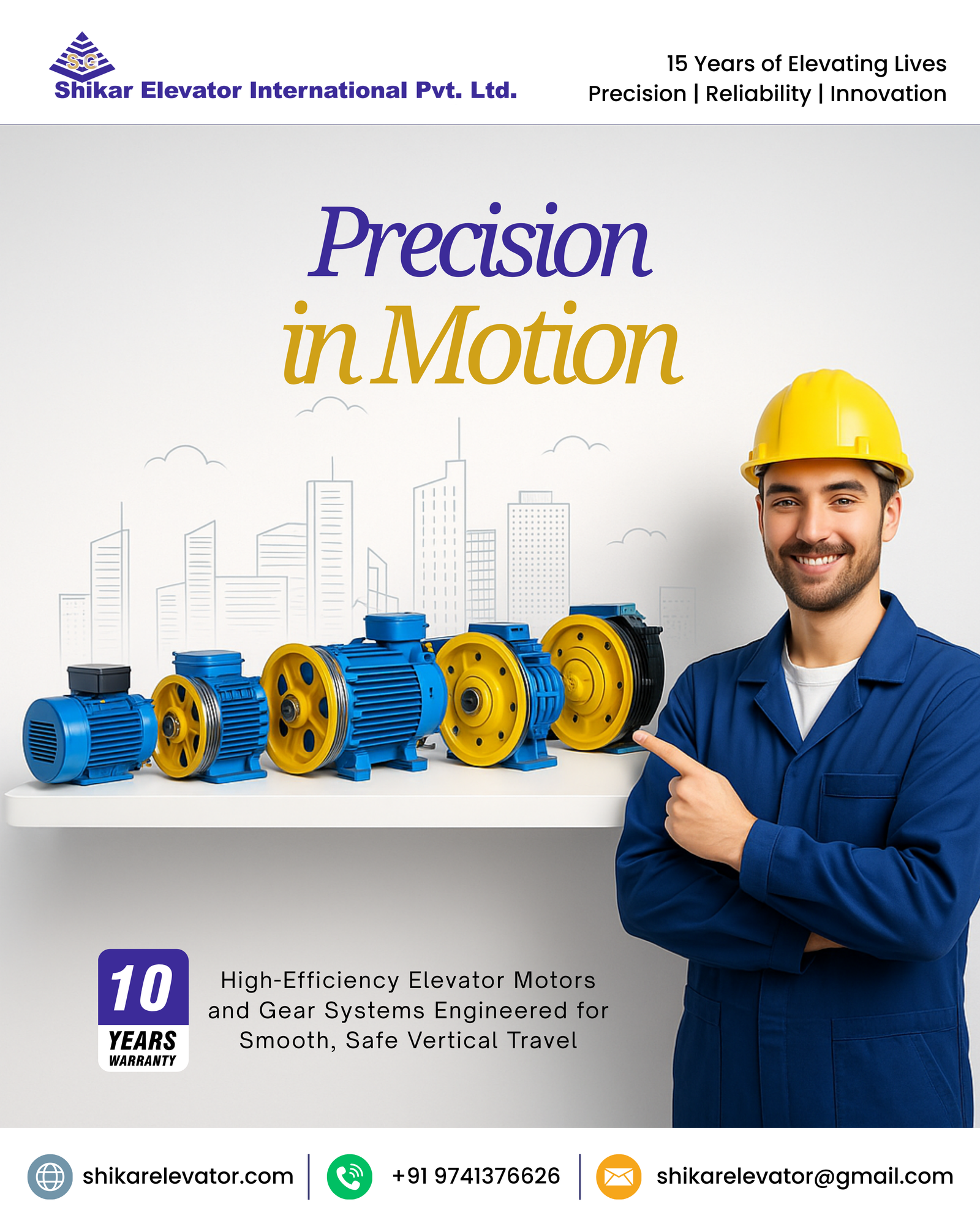 Elevators for Residential Homes - Behind every seamless Shikar elevator ride is a powerful heart you rarely see: the machine room technology. The image showcases a range of robust blue-and-yellow elevator motors, each precisely selected and calibrated by Shikar Elevators to match different capacities, shaft sizes, and building needs. From compact home lifts to heavy-duty commercial elevators, Shikar’s drive units are designed to deliver whisper-quiet performance, low power consumption, and reliable stopping accuracy, ensuring passengers experience comfort while building owners enjoy long-term efficiency.