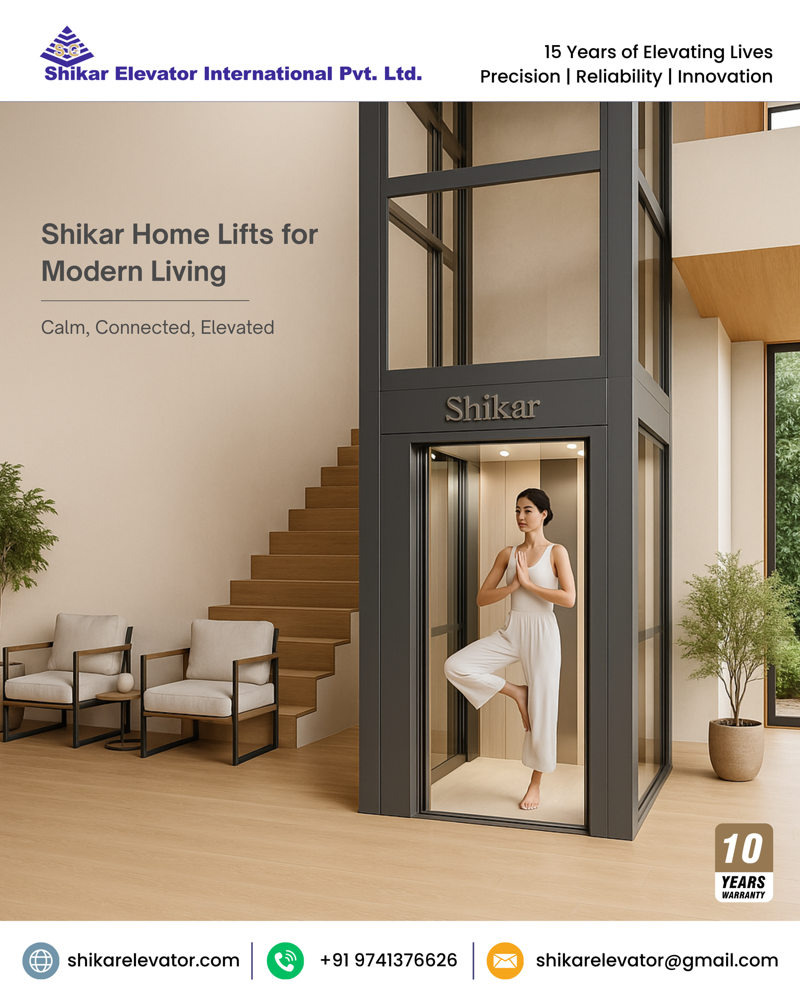 Modern Home Lifts - Step into a new era of vertical mobility with Shikar Elevators, where technology, tranquillity, and timeless design come together in your living room. Inspired by serene, minimal interiors like the one in the image, Shikar’s Modern Home Lifts create a peaceful transition between floors, so effortless that you can literally meditate inside the cabin. Engineered with next-generation German components and tailored for Indian homes, these Modern Home Lifts deliver whisper-quiet rides, elegant glass-and-metal styling, and everyday convenience for the entire family.