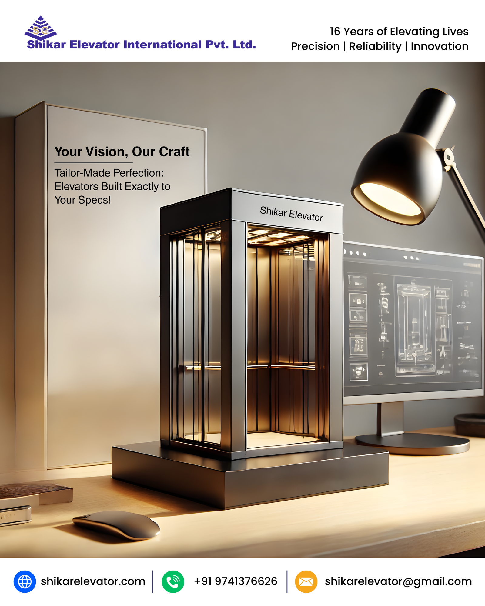 levators Built Exactly to Your Specs Dreaming of an elevator that fits your home or office like a glove? Shikar Elevators crafts fully custom elevators from the moment you order, personalizing cabins, dimensions, finishes, doors, controls, and tech to match your unique needs and style. Pioneers in Bangalore's lift scene, we deliver German-precision engineering with 10-year warranties, turning villas, duplexes, and commercials into seamless vertical havens.