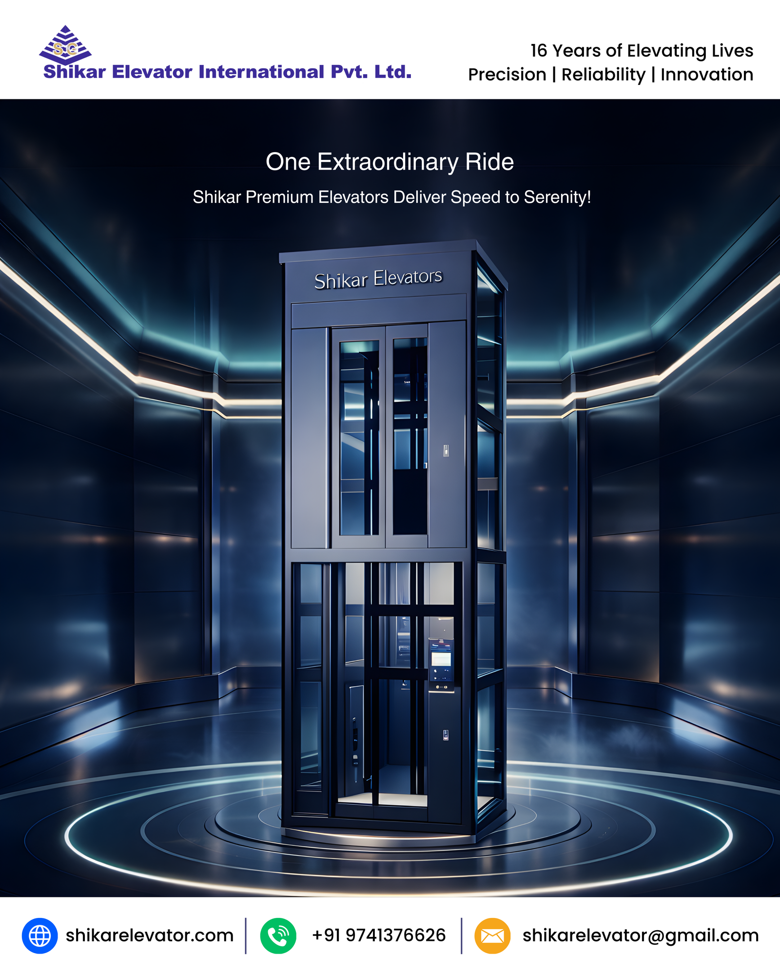 Feel Every Moment: 10-Year Warranty + 30+ Safety Features Experience the ultimate elevator journey with Shikar Premium Elevators, where blazing speed meets whisper-quiet serenity, customised to your mood in Bangalore's luxury homes and offices. Backed by an ironclad 10-year warranty and over 30 advanced safety features, these elevators transform routine trips into extraordinary escapes with German-engineered precision and smart personalisation.