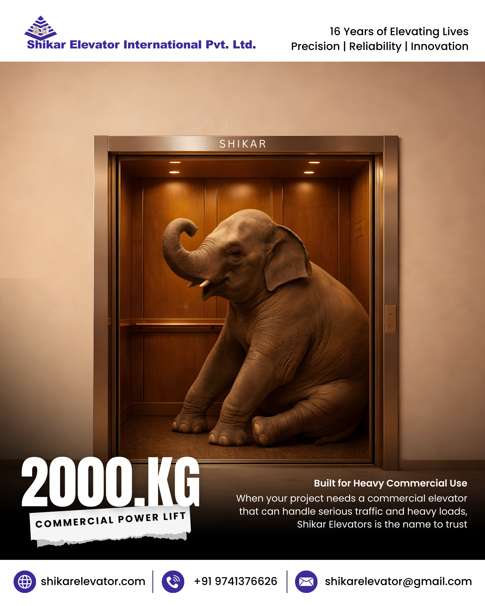 Shikar Elevators: 2000KG Commercial Power Lift You Can Trust A Commercial Power Lift built for serious load, serious space, and serious reliability. Shikar Elevators is engineered to carry heavy-duty commercial demand with strength and confidence. Built for heavy commercial use Shikar Elevators provides premium commercial lift solutions in Bangalore with a 2000 kg load capacity, making it ideal for hotels, hospitals, warehouses, malls, office buildings, and large institutional spaces. The image communicates durability, stability, and performance in a simple, powerful way. Big load. Smooth ride. Total reliability. When your project needs a commercial elevator that can handle serious traffic and heavy loads, Shikar Elevators is the name to trust. Our premium commercial lifts in Bangalore are designed for quality, safety, innovation, and long-term performance, with a strong 3000 kg load capacity for demanding spaces. Choose Shikar Elevators for: High load commercial performance. Premium build quality. Safe and reliable operation. Innovative elevator solutions. Trusted service in Bangalore. Shikar Elevators delivers more than movement - we deliver confidence for every commercial project. #ShikarElevators #CommercialElevator #2000KgLift #BangaloreElevators #HeavyDutyLift #PremiumElevatorSolutions