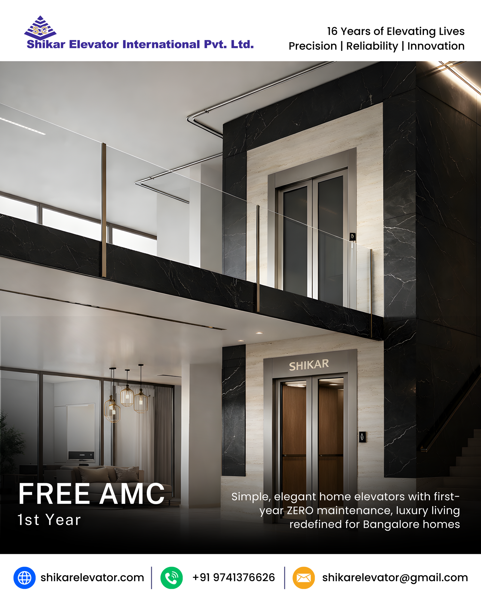 Home Elevators - Elevate Bangalore living with simple, sophisticated home lifts that redefine luxury, zero maintenance for the first year, backed by a decade-long protection.