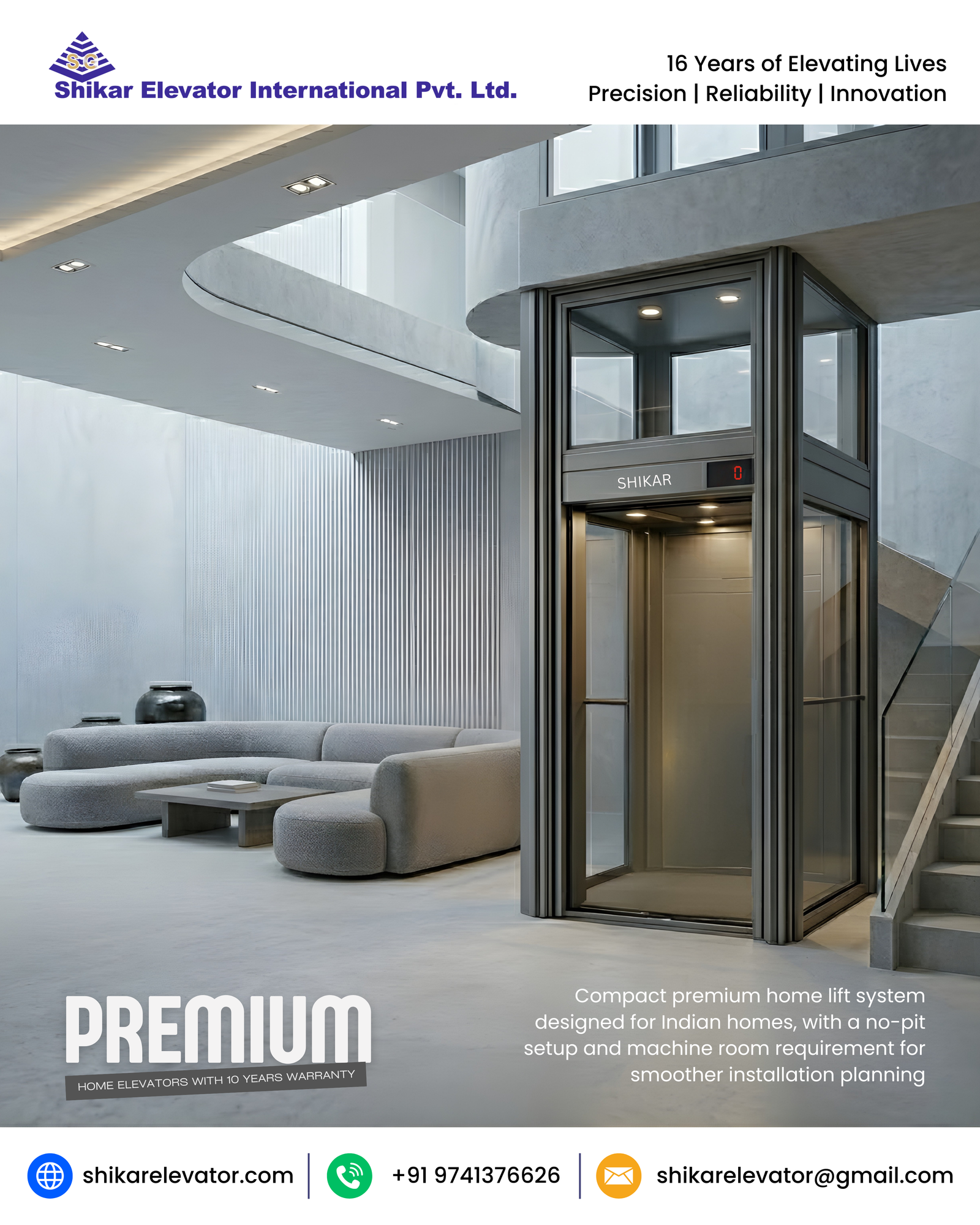 Compact premium home lift system designed for Indian homes, with a no-pit setup and machine room requirement for smoother installation planning. Built for modern living, it combines space efficiency, comfort, and dependable performance, making it a practical choice for homeowners in Bangalore who want a stylish and reliable vertical mobility solution.