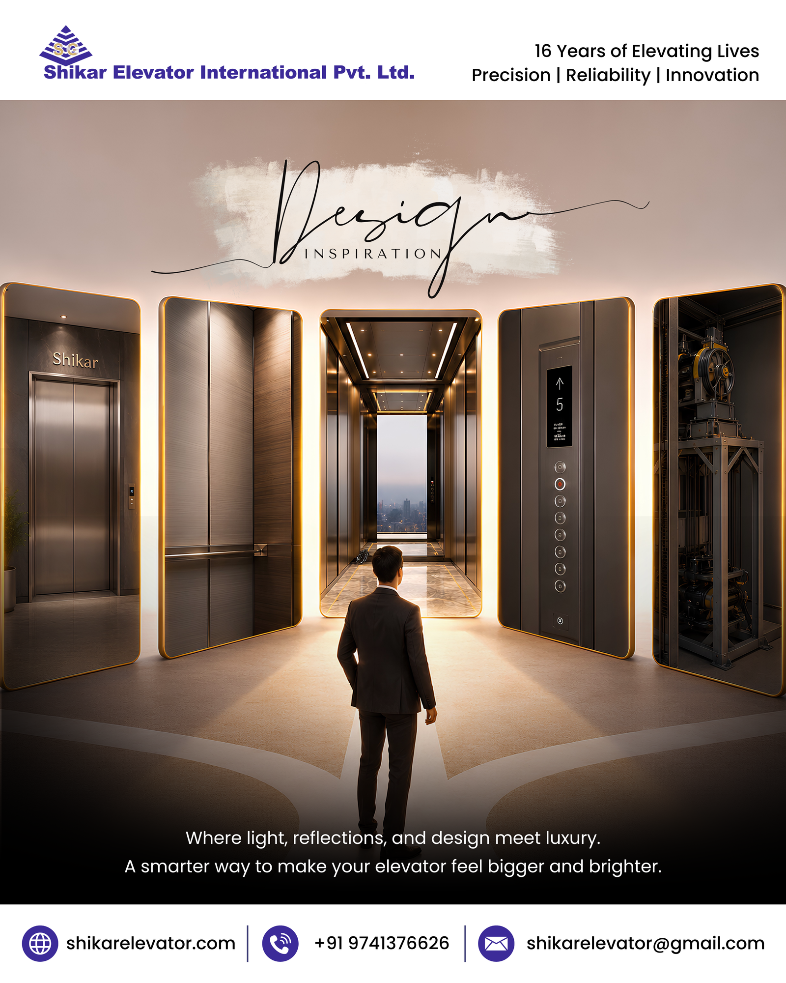 Premium Home Elevator - we simplify your needs and guide you toward the right solution with confidence. This premium Shikar elevator design blends reflective panels, natural tones, vertical lighting, glass, and mirrors to create a spacious and luxurious feel in modern homes.