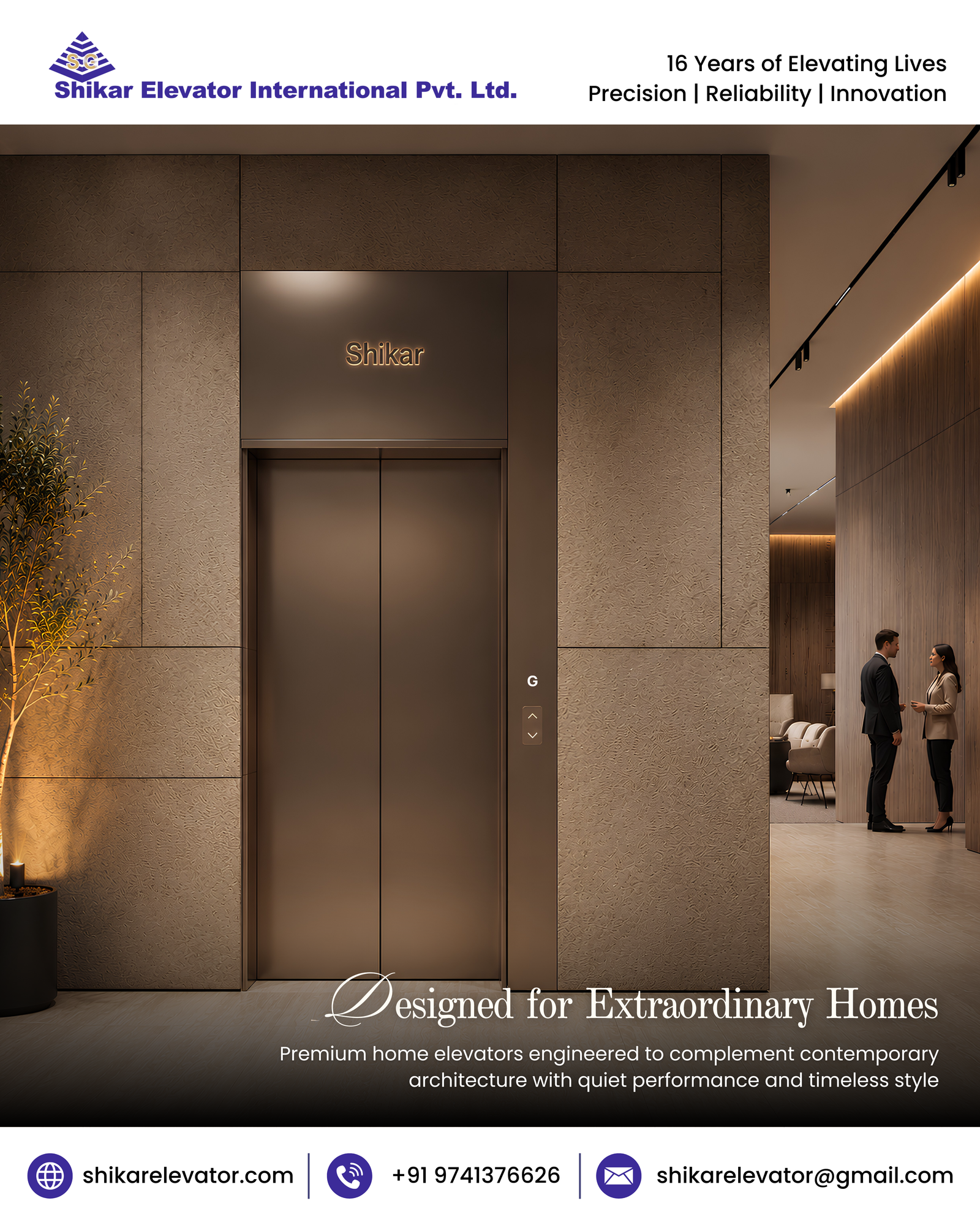 Luxury Home Elevator - Bring comfort, safety, and elegance into your home with Shikar Elevators. Our premium home elevators and elevator lifts are designed to enhance everyday living while adding a stylish architectural touch to your space.