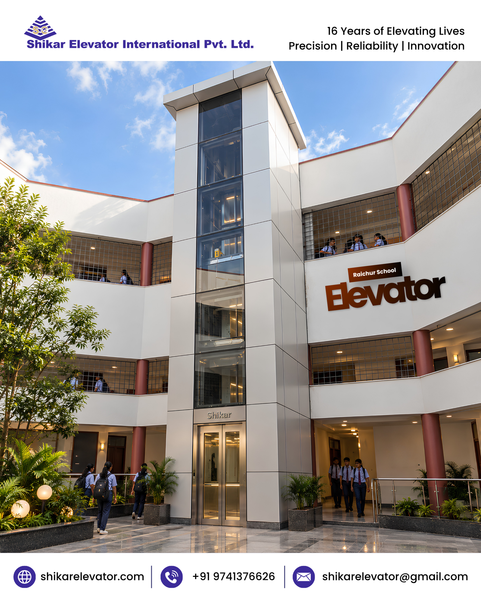 A school should be accessible to everyone. Shikar Elevators has installed an outdoor elevator in Raichur to support safer and more convenient vertical mobility for students, teachers, staff, and visitors.